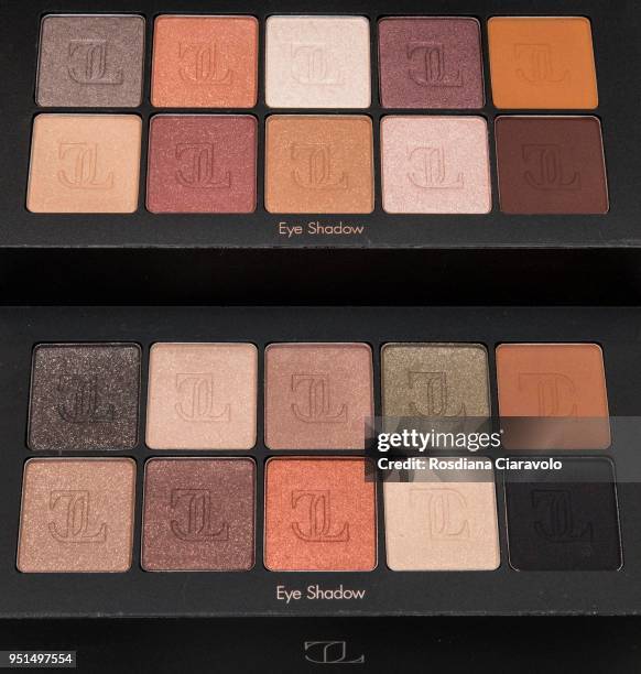 JLOXInglot by Jennifer Lopez Eyeshadows Freedom System Pearl and Matte finish are displayed at the JLOXInglot presentation on April 26, 2018 in...