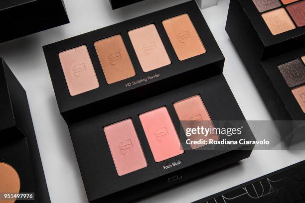 JLOXInglot by Jennifer Lopez HD Scuplting Powders and Face Bushes are displayed at the JLOXInglot presentation on April 26, 2018 in Milan, Italy.