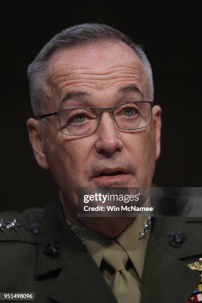 Chairman of the Joint Chiefs of Staff Gen. Joseph Dunford testifies before the Senate Armed Services Committee April 26, 2018 in Washington, DC. The...