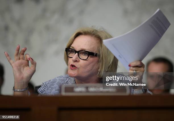 Sen. Claire McCaskill questions U.S. Secretary of Defense James Mattis about a new report detailing procurement violations involving a defense...