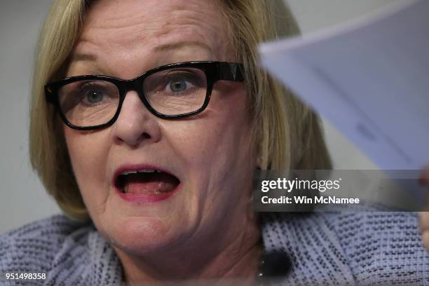 Sen. Claire McCaskill questions U.S. Secretary of Defense James Mattis about a new report detailing procurement violations involving a defense...