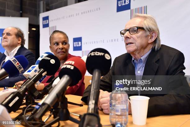 Rector Yvon Englert, French former Justice minister Christiane Taubira and British film director Ken Loach take part in a press conference in marge...