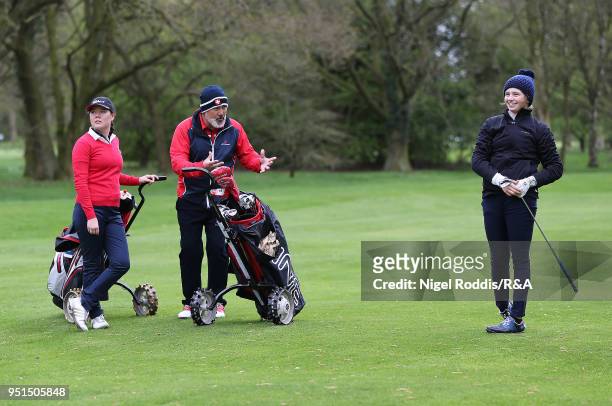 Elena Moosmann and Rebecca Coch during practice for the Girls' U16 Open Championship at Fulford Golf Club on April 26, 2018 in York, England.