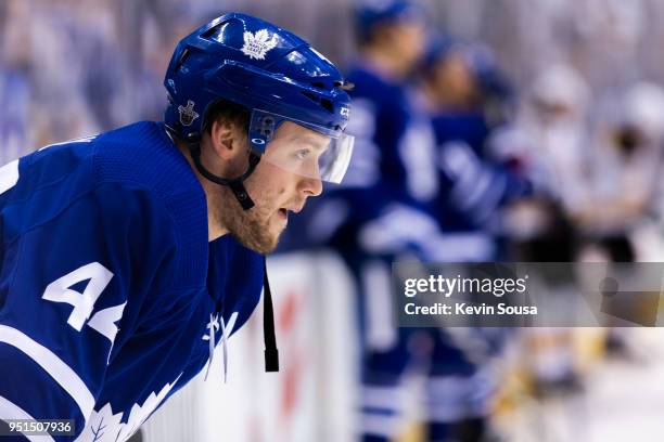 Morgan Rielly of the Toronto Maple Leafs during warm up before a game against the Boston Bruins in Game Six of the Eastern Conference First Round...