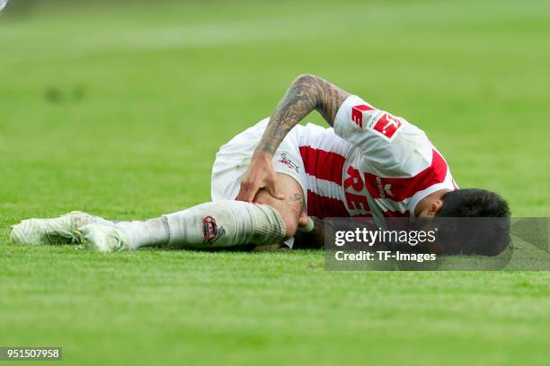 Leonardo Bittencourt of Koeln on the ground during the Bundesliga match between 1. FC Koeln and FC Schalke 04 at RheinEnergieStadion on April 22,...