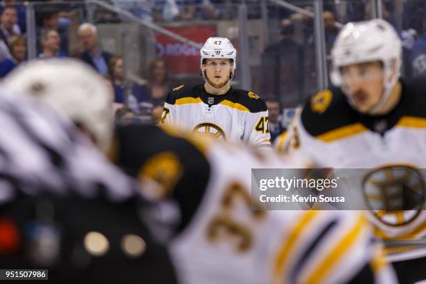 Torey Krug of the Boston Bruins sets for a face-off against the Toronto Maple Leafs in Game Six of the Eastern Conference First Round during the 2018...