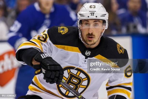 Brad Marchand of the Boston Bruins skates against the Toronto Maple Leafs in Game Six of the Eastern Conference First Round during the 2018 NHL...