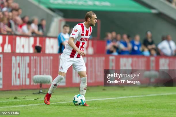 Marcel Risse of Koeln controls the ball during the Bundesliga match between 1. FC Koeln and FC Schalke 04 at RheinEnergieStadion on April 22, 2018 in...