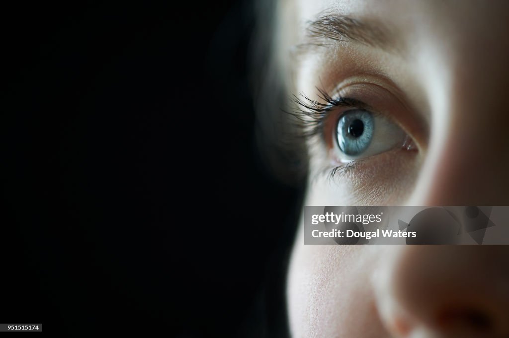 Female blue eye close up.