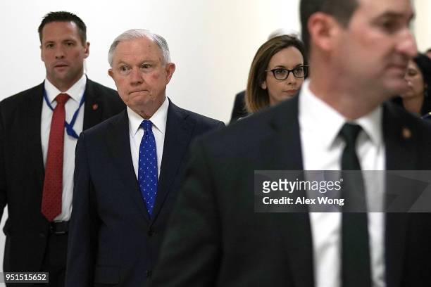 Attorney General Jeff Sessions arrives at Rayburn House Office Building to testify at a hearing before the Commerce, Justice, Science, and Related...