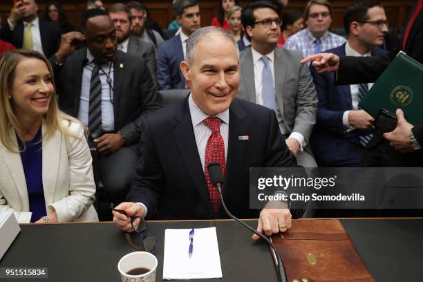 Environmental Protection Agency Administrator Scott Pruitt and EPA CFO Holly Greaves prepare to testify before the House Energy and Commerce...