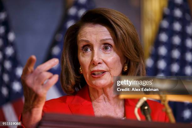 House Minority Leader Nancy Pelosi speaks with journalists' kids during her weekly press conference on 'Take our Daughters and Sons to Work Day' at...