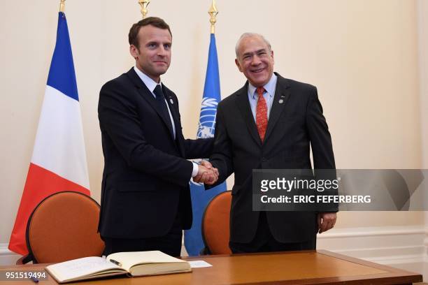 Organisation for Economic Co-operation and Development Secretary-General Angel Gurria shakes hands with French President Emmanuel Macron during the...