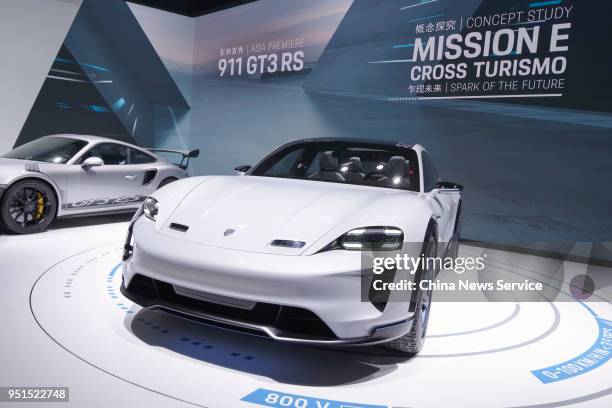 Porsche Mission E Cross Turismo is on display during the Auto China 2018 at China International Exhibition Center on April 25, 2018 in Beijing,...