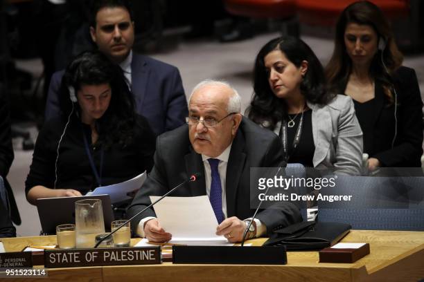 Palestinian ambassador to the United Nations Riyad Mansour speaks during a United Nations Security Council meeting concerning the situation in the...