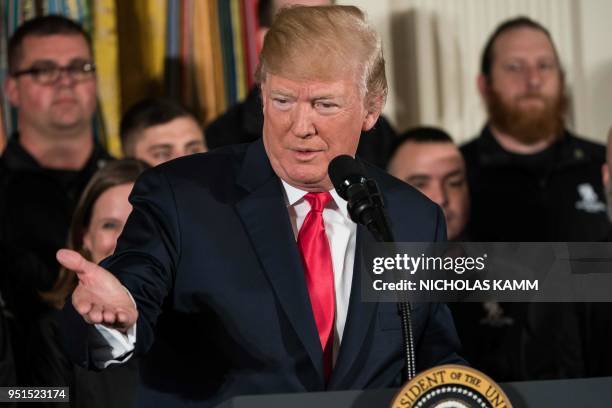 President Donald Trump speaks at a Wounded Warrior Project Soldier Ride event at the White House in Washington, DC, on April 26, 2018.