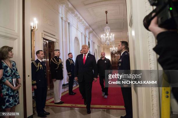 President Donald Trump arrives to speak at a Wounded Warrior Project Soldier Ride event at the White House in Washington, DC, on April 26, 2018.