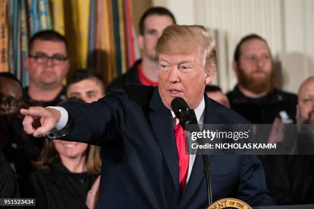 President Donald Trump speaks at a Wounded Warrior Project Soldier Ride event at the White House in Washington, DC, on April 26, 2018.