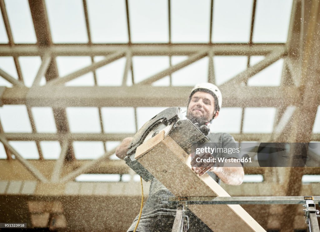 Austria, worker sawing wood