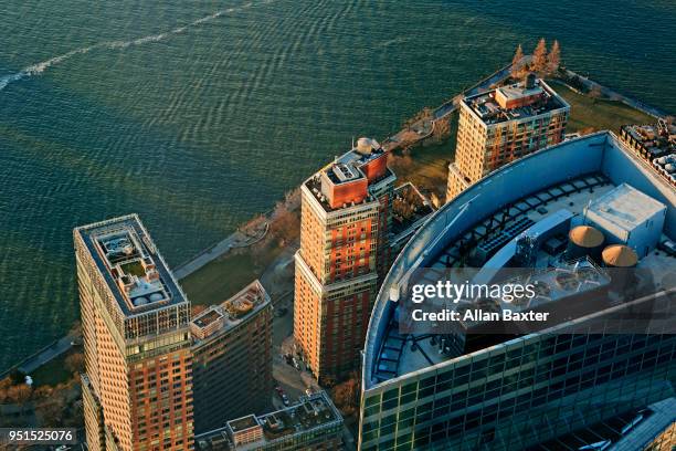 aerial view of downtown manhattan with hudson river - battery park stock pictures, royalty-free photos & images