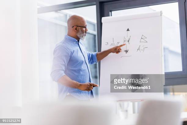 bildbanksillustrationer, clip art samt tecknat material och ikoner med businessman in conference room leading a presentation - flip chart