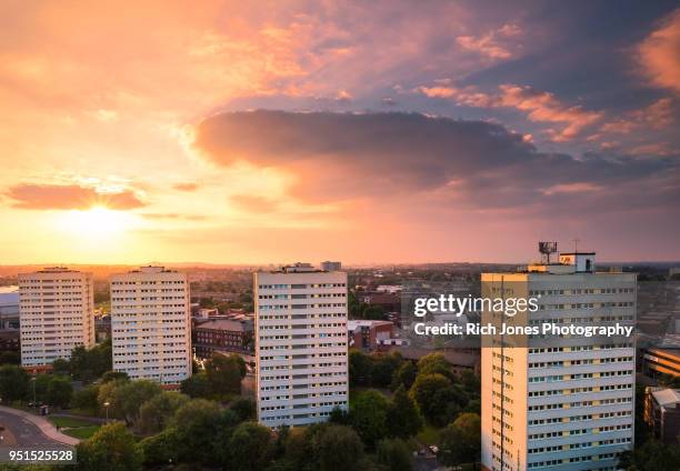 council tower blocks in birmingham city centre at sunset - public housing stock pictures, royalty-free photos & images