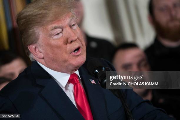 President Donald Trump speaks at a Wounded Warrior Project Soldier Ride event at the White House in Washington, DC, on April 26, 2018.