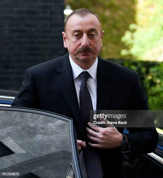 President of Azerbaijan Ilham Aliyev arrives at 10 Downing Street where he will meet British Prime Minister Theresa May on April 26, 2018 in London,...