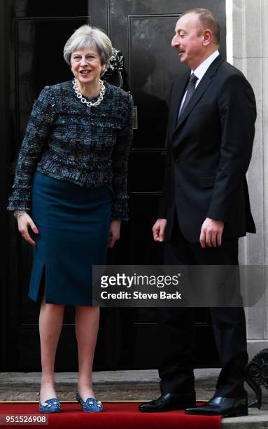British Prime Minister Theresa May welcomes President of Azerbaijan Ilham Aliyev to 10 Downing Street on April 26, 2018 in London, United Kingdom.