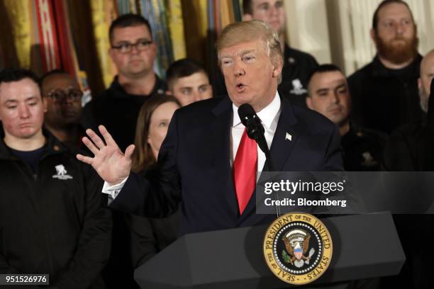 President Donald Trump speaks during an event with the Wounded Warrior Project veterans to kick off the annual Soldier Ride in the East Room of the...