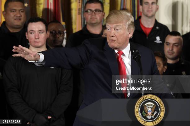 President Donald Trump speaks during an event with the Wounded Warrior Project veterans to kick off the annual Soldier Ride in the East Room of the...