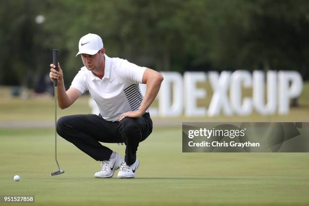 Harris English lines up a putt on the ninth hole during the first round of the Zurich Classic at TPC Louisiana on April 26, 2018 in Avondale,...