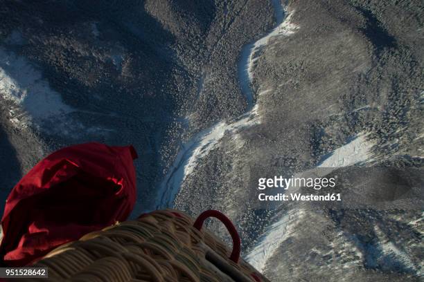 austria, salzkammergut, aerial view of winter landscape as seen from hot air balloon - hot air balloon basket stock pictures, royalty-free photos & images
