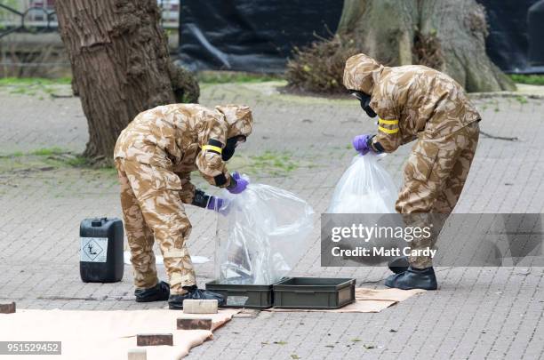 Members of the military work in the Maltings shopping area, close to the bench where Russian former double agent Sergei Skripal and his daughter...