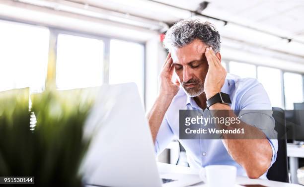 stressed mature businessman sitting at desk in office with laptop - grey hair stress stock pictures, royalty-free photos & images