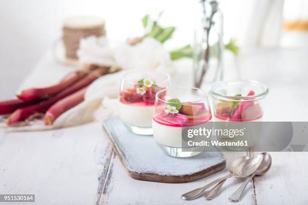 glasses of panna cotta with roasted rhubarb - tiered stock-fotos und bilder
