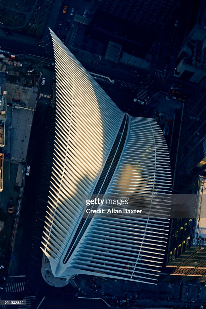 Aerial view of the Occulus Building in downtown Manhattan