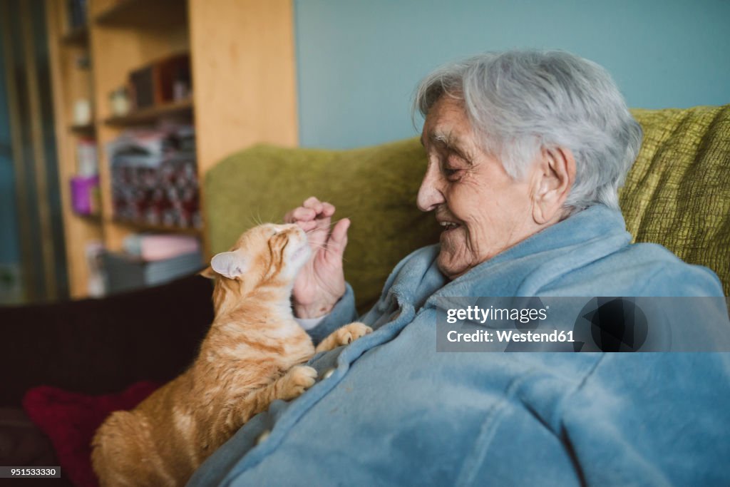 Happy senior woman with tabby cat on the couch