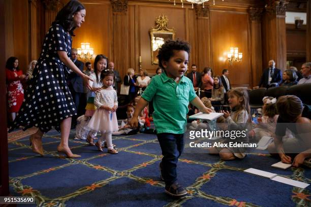 Children arrive prior to House Minority Leader Nancy Pelosi's weekly press conference on 'Take our Daughters and Sons to Work Day' at the Capitol on...