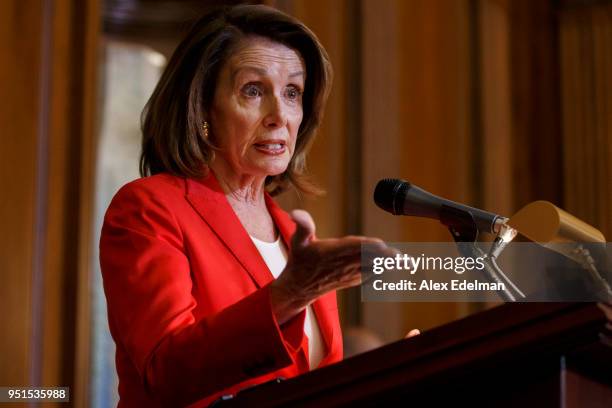 House Minority Leader Nancy Pelosi speaks with journalists' kids during her weekly press conference on 'Take our Daughters and Sons to Work Day' at...