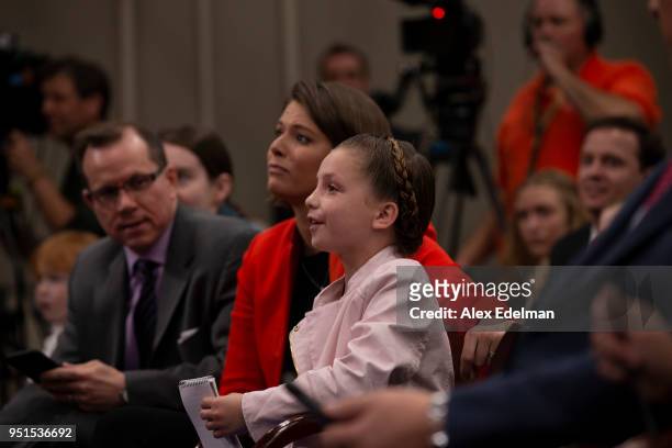 Child who joined their parents for 'Take Your Child To Work' day asks Speaker of the House Paul Ryan a question during his weekly news conference at...