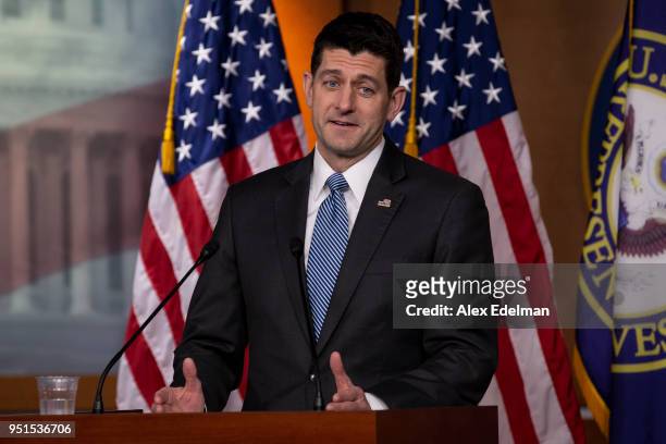 Speaker of the House Paul Ryan answers questions from children who joined their parents for 'Take Your Child To Work' day during his weekly news...