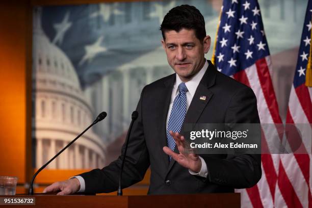 Speaker of the House Paul Ryan answers questions from children who joined their parents for 'Take Your Child To Work' day during his weekly news...