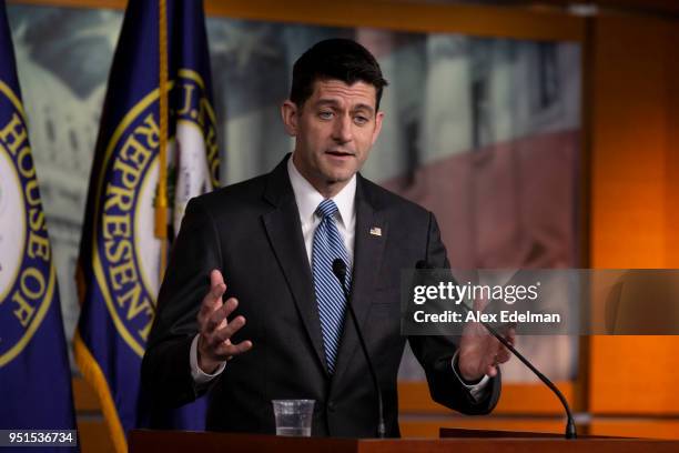 Speaker of the House Paul Ryan answers questions from children who joined their parents for 'Take Your Child To Work' day during his weekly news...