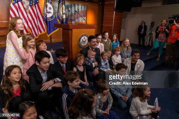 Speaker of the House Paul Ryan greets young children who joined their parents for 'Take Your Child To Work' day following his weekly news conference...