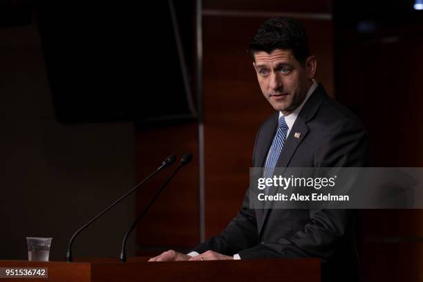 Speaker of the House Paul Ryan answers questions from children who joined their parents for 'Take Your Child To Work' day during his weekly news...