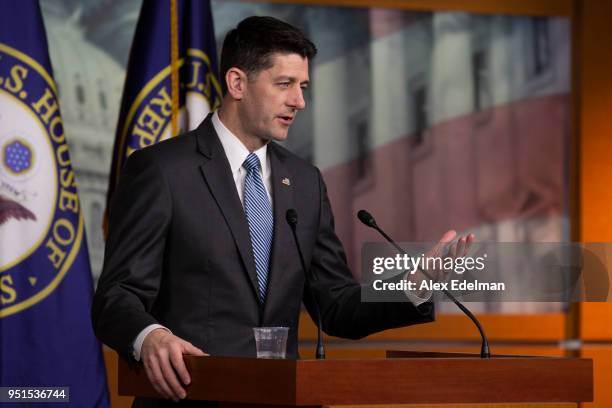 Speaker of the House Paul Ryan answers questions from children who joined their parents for 'Take Your Child To Work' day during his weekly news...