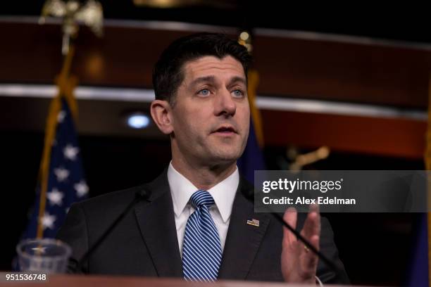 Speaker of the House Paul Ryan answers questions from children who joined their parents for 'Take Your Child To Work' day during his weekly news...