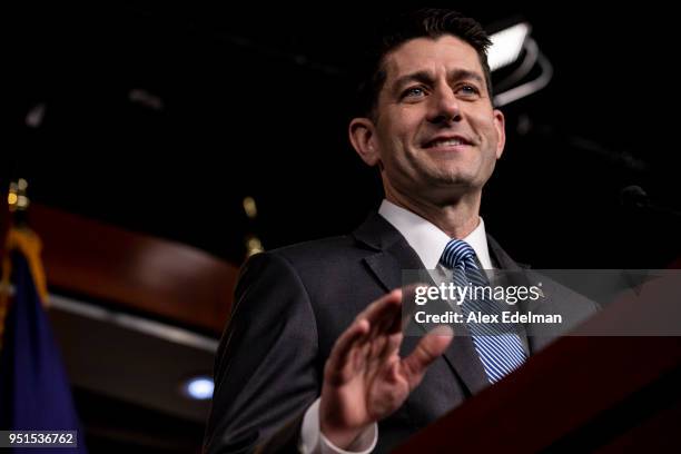 Speaker of the House Paul Ryan answers questions from children who joined their parents for 'Take Your Child To Work' day during his weekly news...