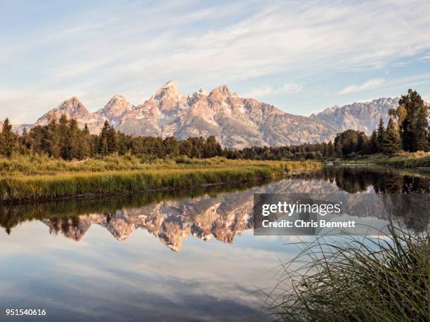 teton range reflecting on shiny surface of snake river in grand teton national park, wyoming, usa - river snake stock pictures, royalty-free photos & images